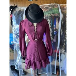 ASOS Design Plum Cutout Mini Dress Long Sleeve Ruffle Hem Cottagecore